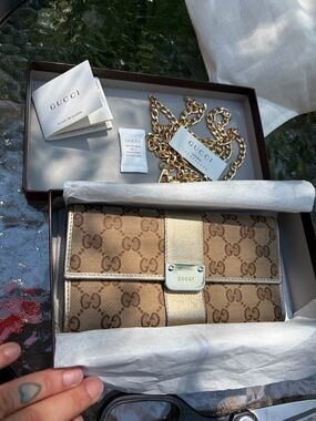 Gucci gunmetal GG Supreme Canvas (Chain) Wallet with original box